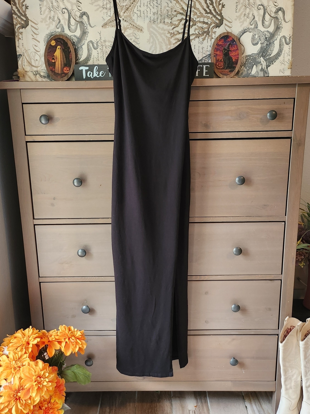 Black Slip Maxi Dress with Spaghetti Straps
